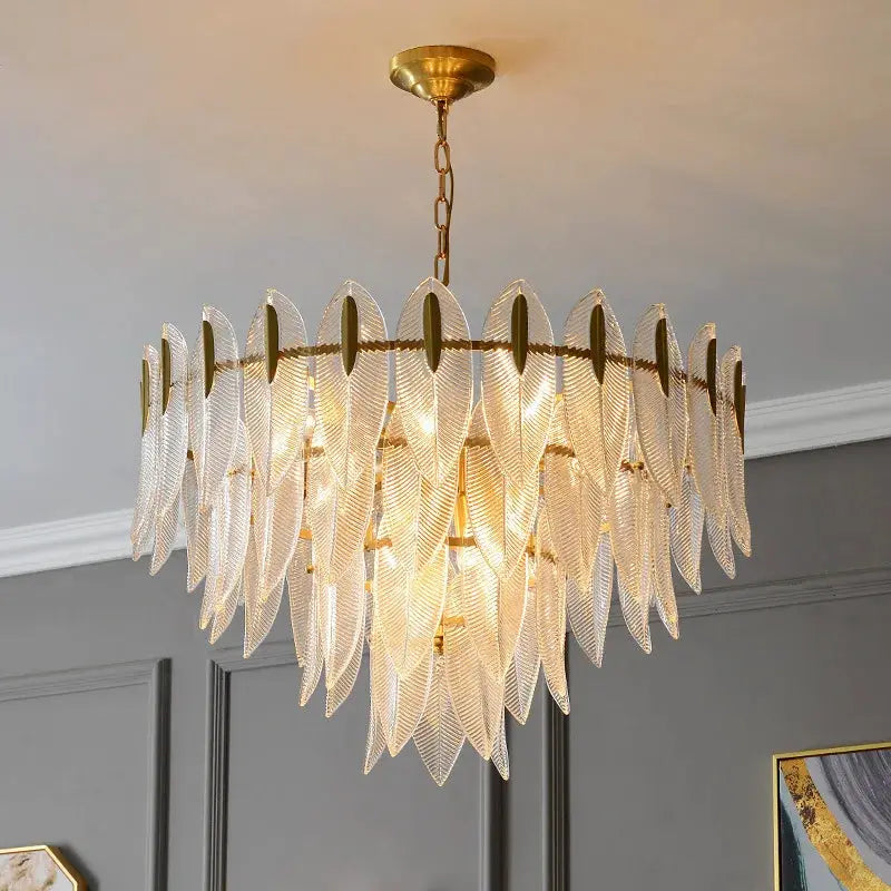 Glass chandelier pendant lamp with leaf-shaped clear prisms, brass chain, Simples Market