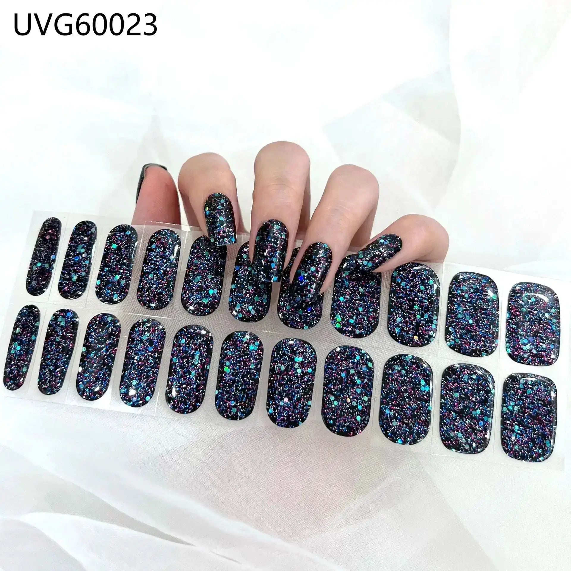 Gel nail wrap set with full-cover black glitter speckled strips for DIY manicure, UV lamp safe
