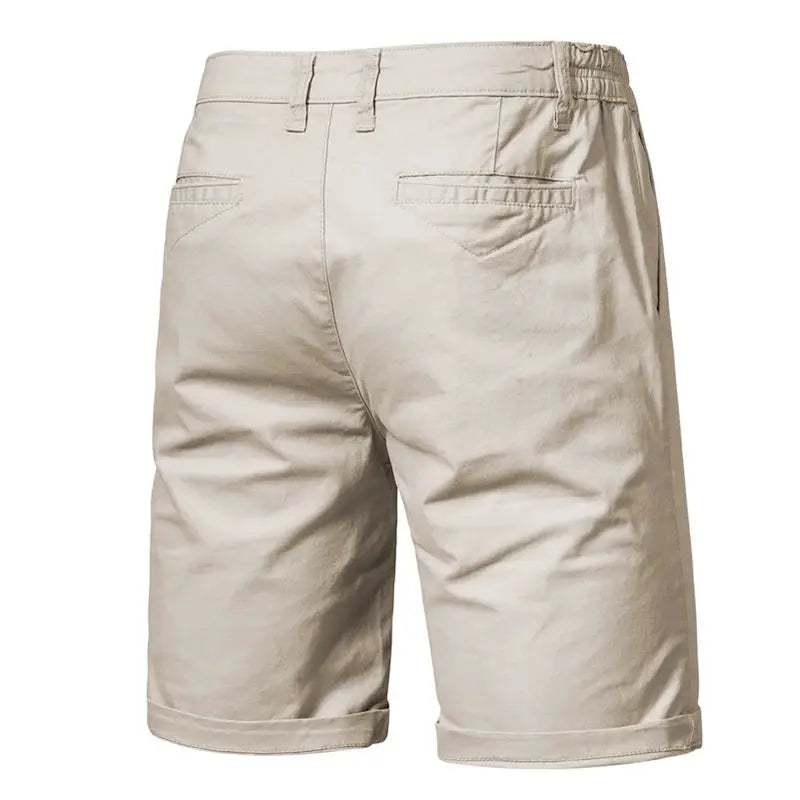 Men's 100% cotton solid shorts, beige with elastic waist and back pockets