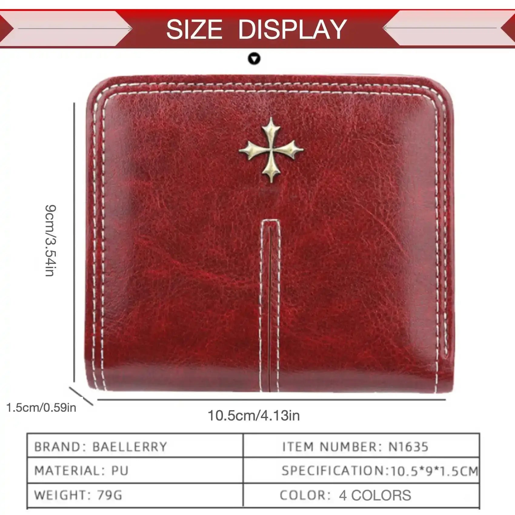 Women's red PU leather wallet with zipper, featuring a gold cross emblem