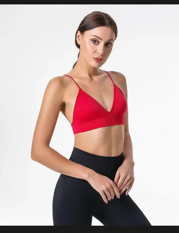 V-neck seamless triangle-cup bra camisole by Simples Market; red, breathable, stretchy women's underwear.