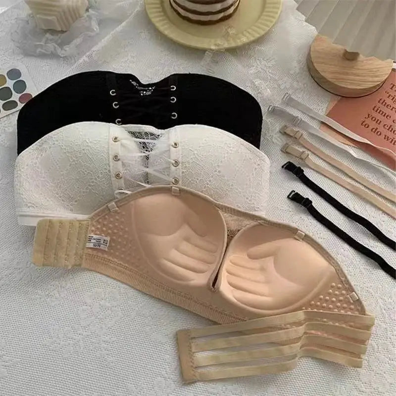 3-pack of women's lace push-up bras by Simples Market in black, white and nude with detachable straps