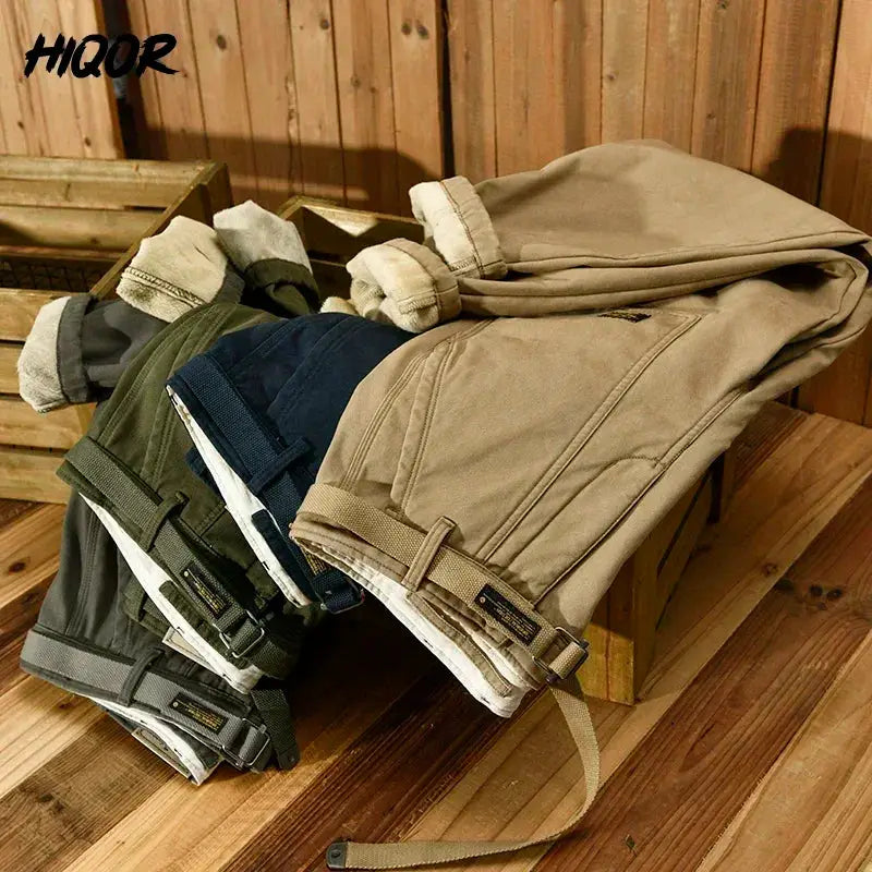 HIQOR men's winter cargo pants set of 4; 100% cotton fleece, thick outdoor trousers in tan, navy, olive, gray with belts