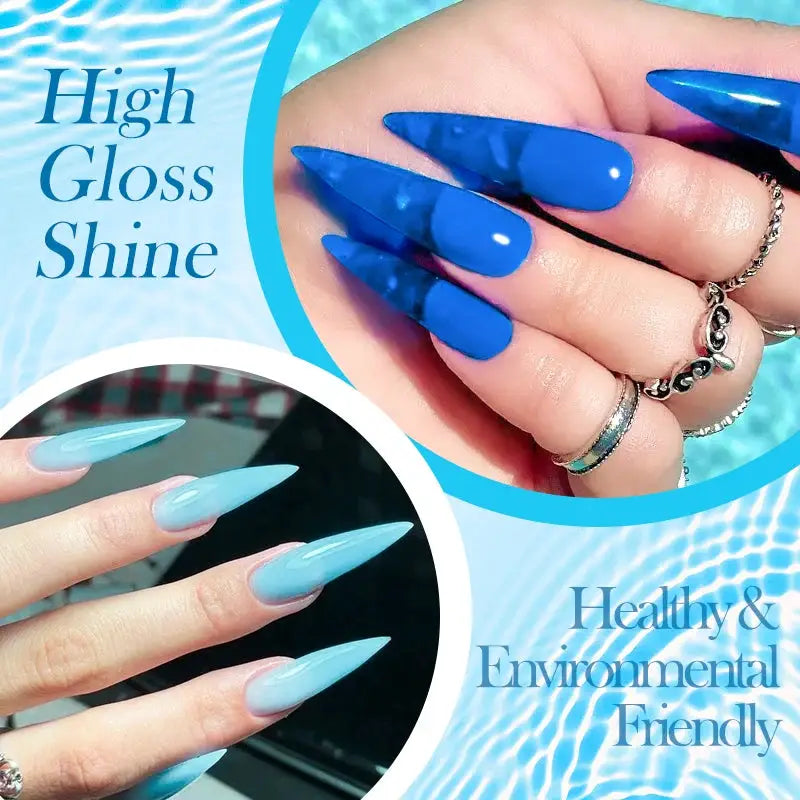 6-piece jelly glass gel nail polish set in sea blue transparent finish; glossy soak-off UV gel