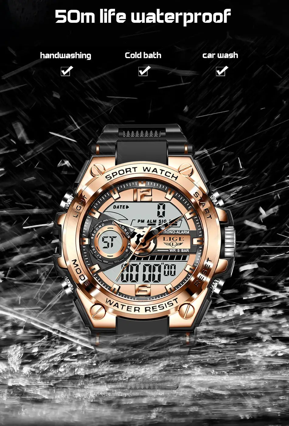 LIGE men's digital sport watch with rose-gold bezel and black strap, 50m water resistant