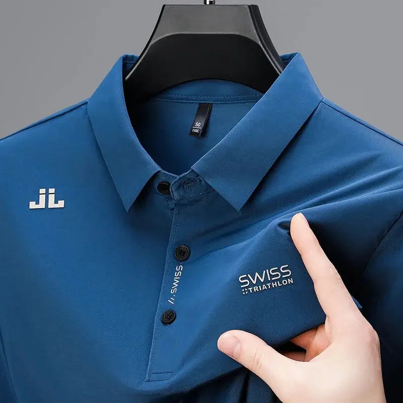 Mens Business Casual Short Sleeve Polo Shirt With Badge Solid Color Breathable Comfortable Versatile Top