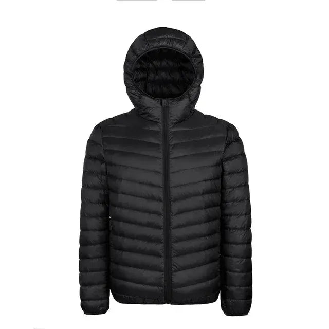 Simples Market men's black hooded down jacket, super light 90% white duck down