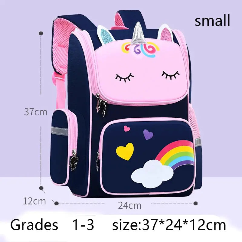 Kids unicorn backpack navy with pink trim, rainbow front pocket, small size (37x24x12 cm)