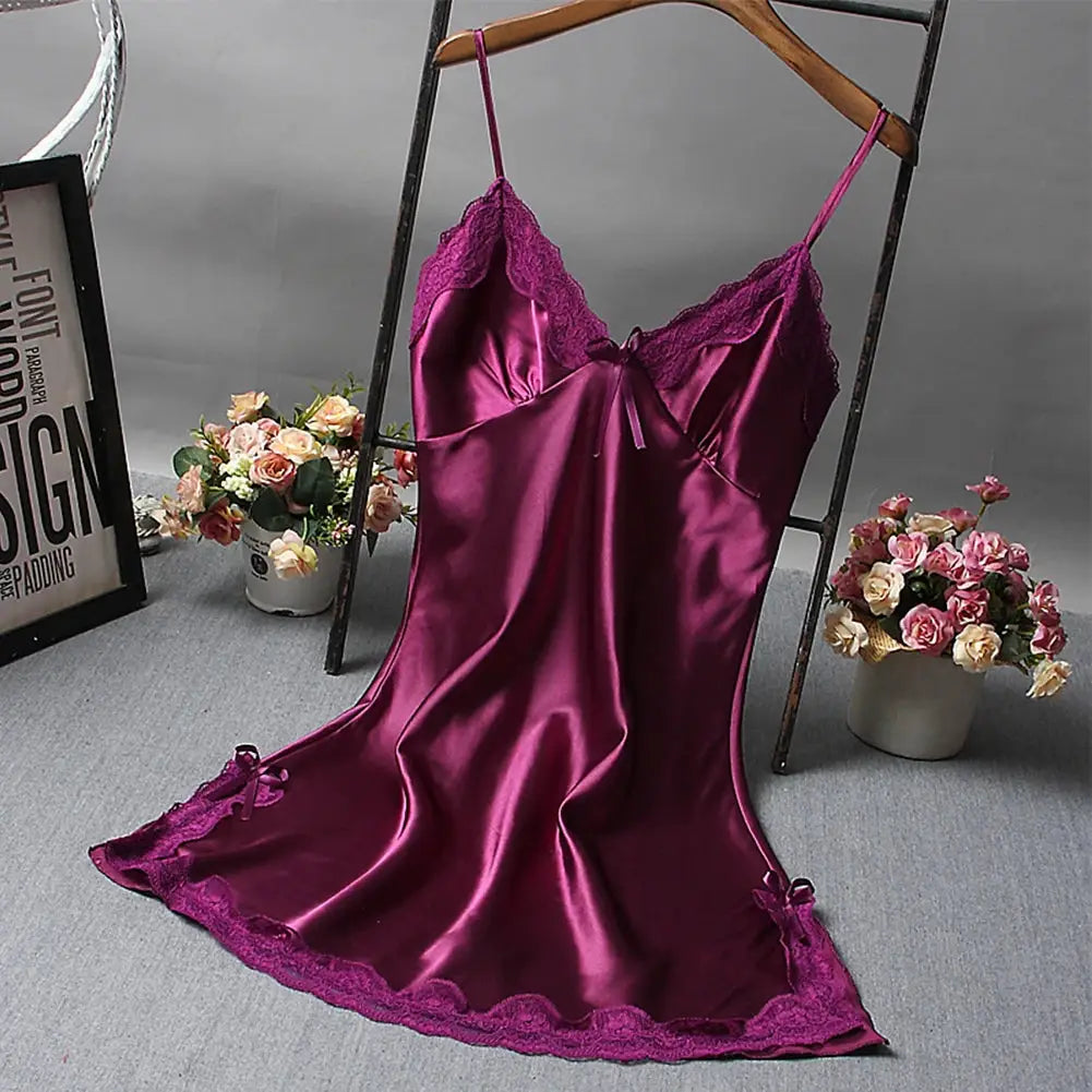 LaceLux Sexy Lace Patchwork Nightwear Lingerie Nightgown Soft Satin Polyester V Neck Lace Accents