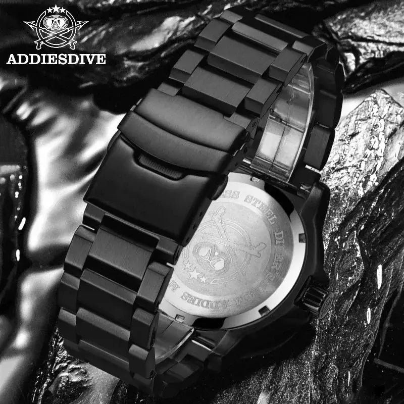 ADDIESDIVE black stainless steel men's quartz watch with 50m water resistance