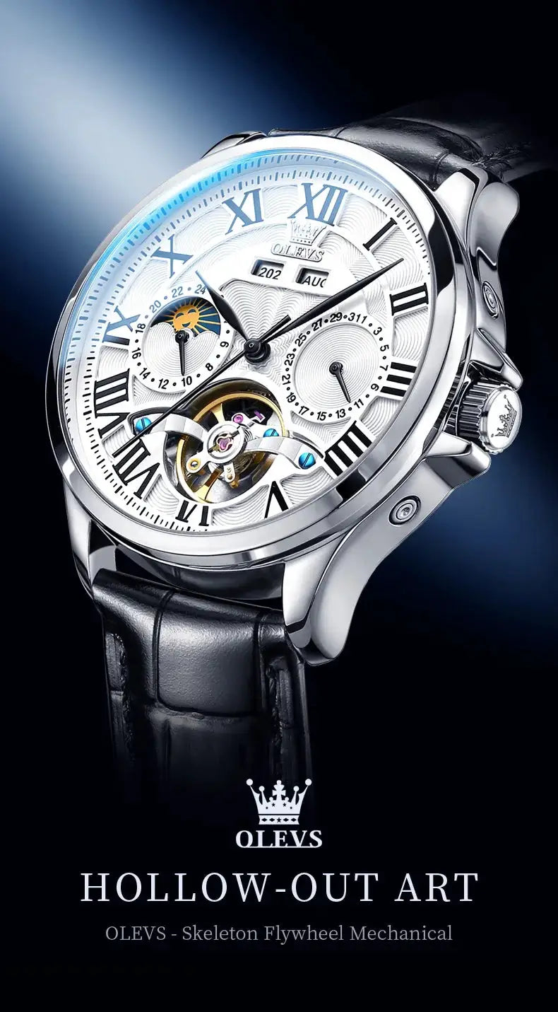 OLEVS 7013 men's mechanical watch with moon phase, Roman numerals, black leather strap