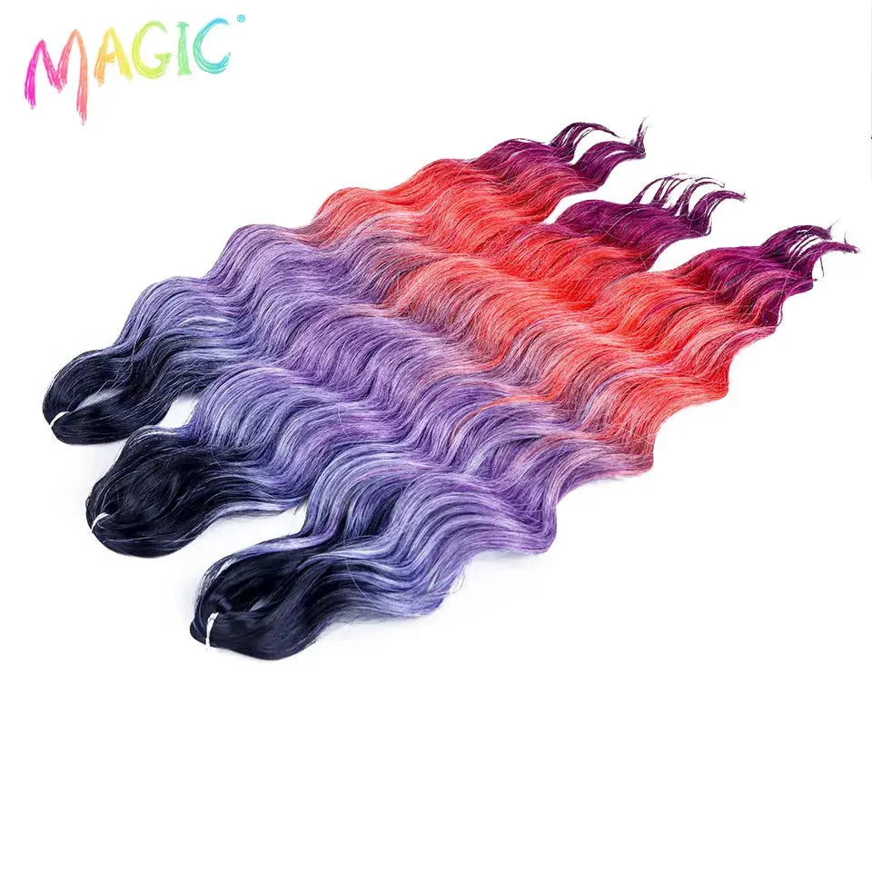 Anna synthetic hair extensions, 24in water-wave braiding, ombre purple to orange gradient, 5 bundles, Magic logo visible