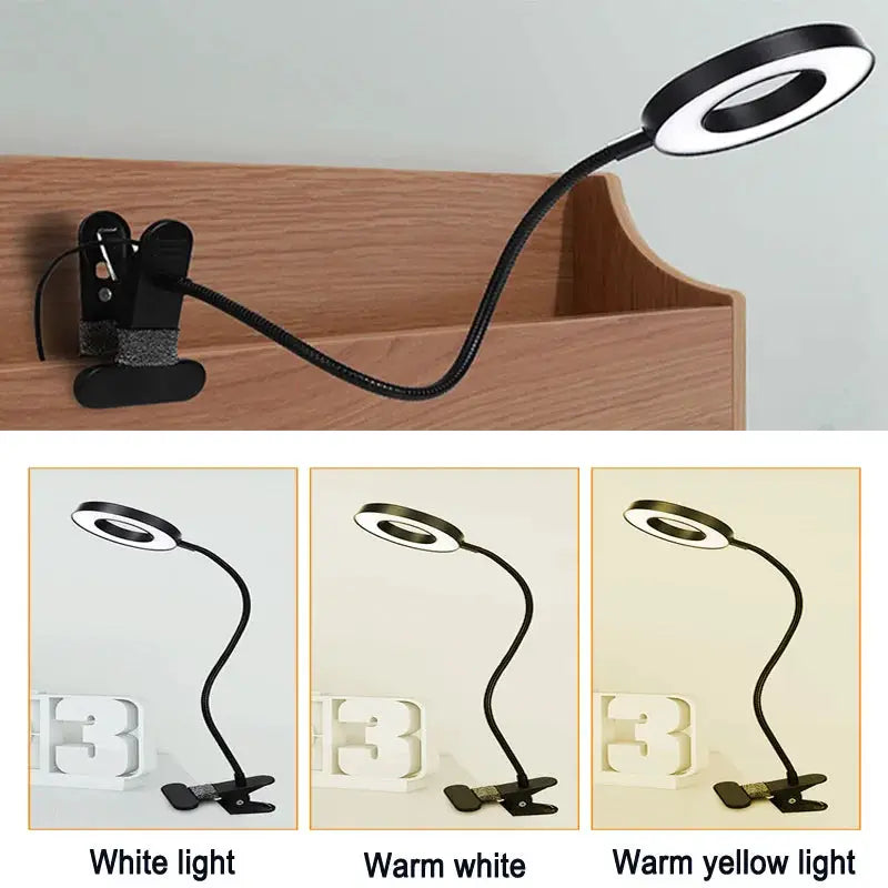 LED Ring Clamp Lamp by Simples Market; USB, 360° rotatable gooseneck, 3-temp color temps white, warm white, warm yellow.