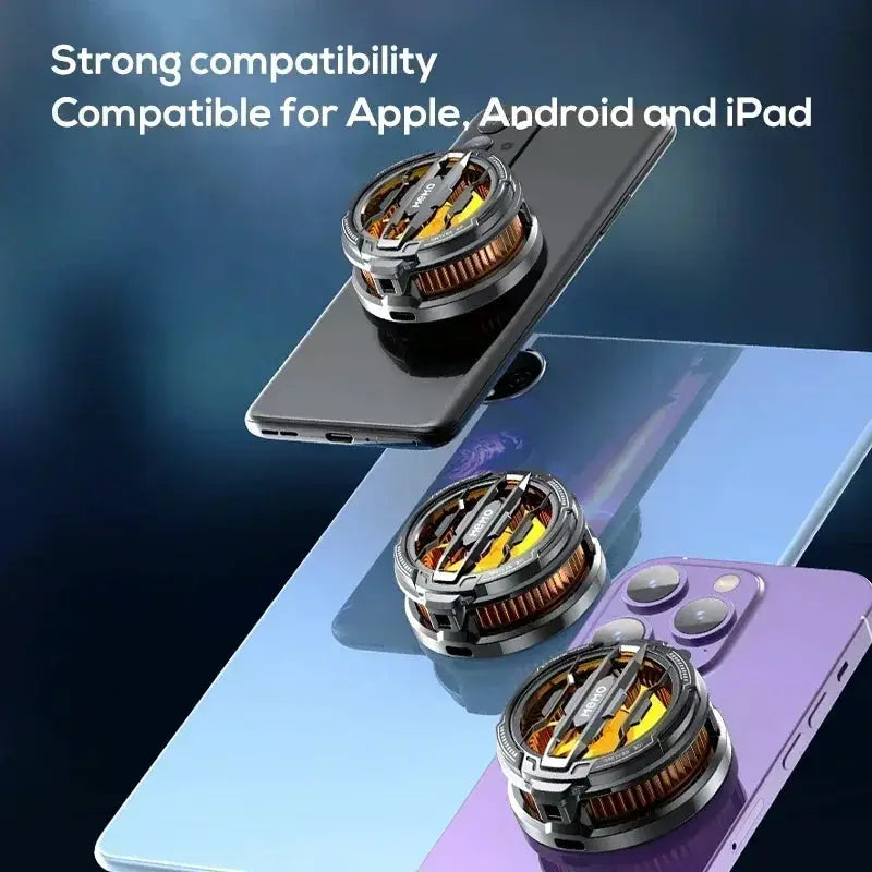 Simples Market CX08 2-in-1 magnetic back-clip phone cooler shown on three smartphones (iPhone and Samsung)