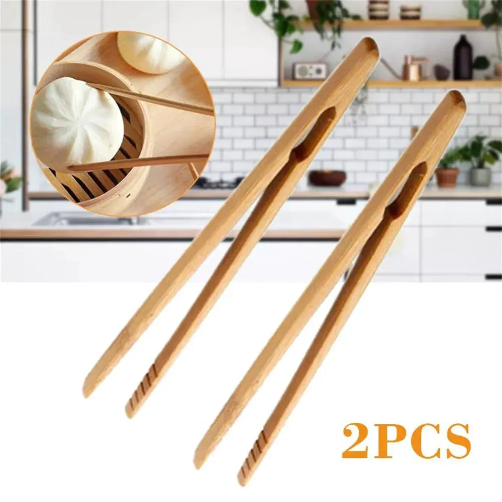 EcoBamboo 2 Pieces 18cm Bamboo Wood Tongs Set for Toast Salad Bacon Tea Kitchen Tools