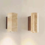 Wabi Sabi yellow marble wall lamp pair; travertine sconces with wood mounts by Simples Market