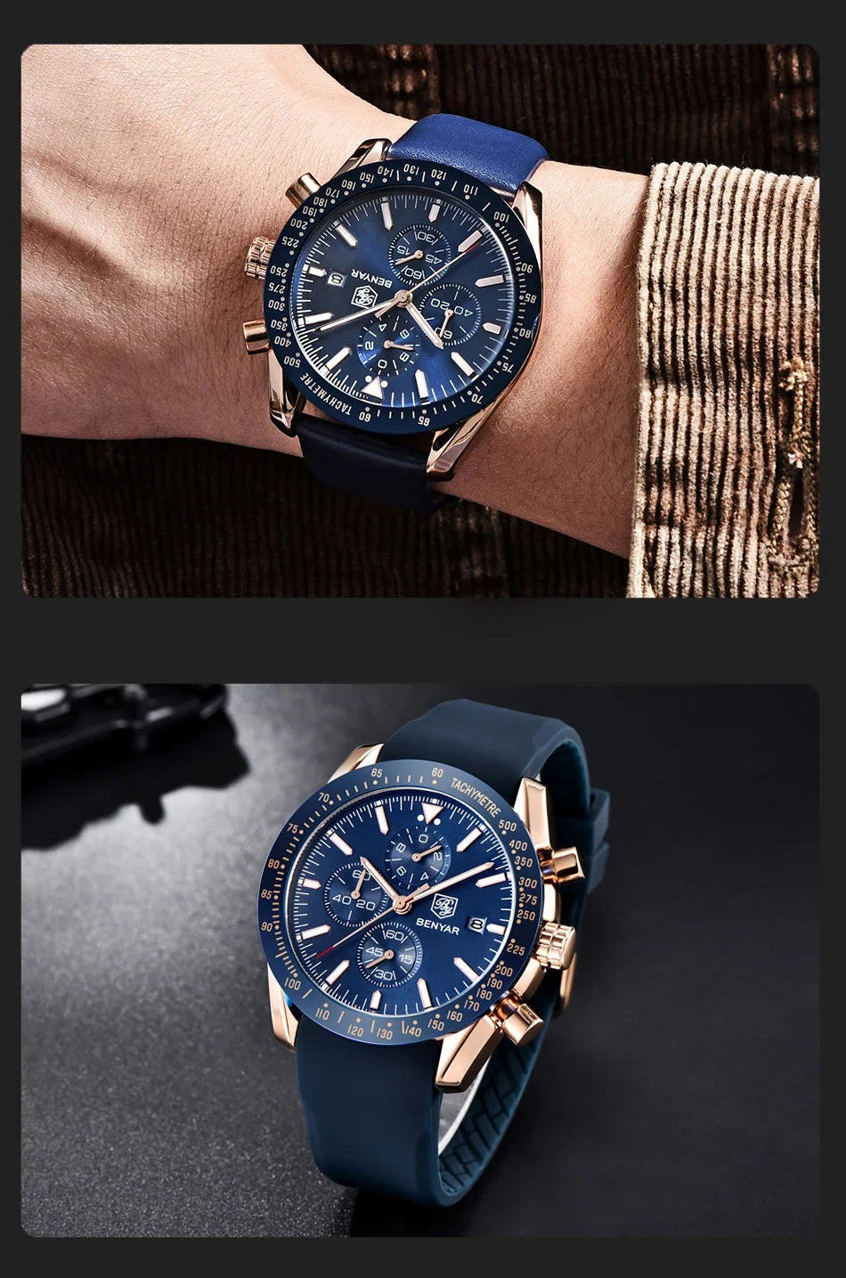 BENYAR men's blue dial chronograph watch with rose-gold case and blue strap, two views