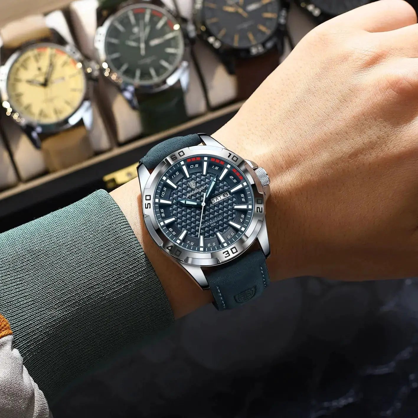 POEDAGAR Original Mens Luxury Waterproof Quartz Watch With Leather Strap Luminous Hands Date And Week Display