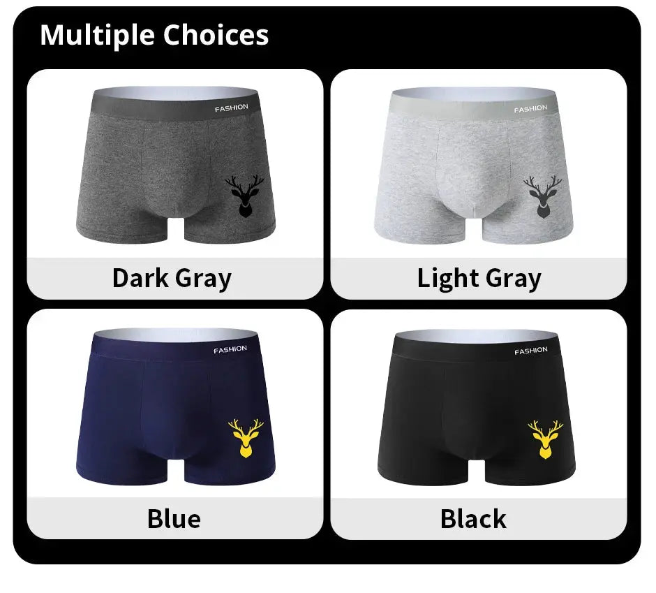 4-pack men's boxer underwear in dark gray, light gray, blue, and black with a yellow deer logo