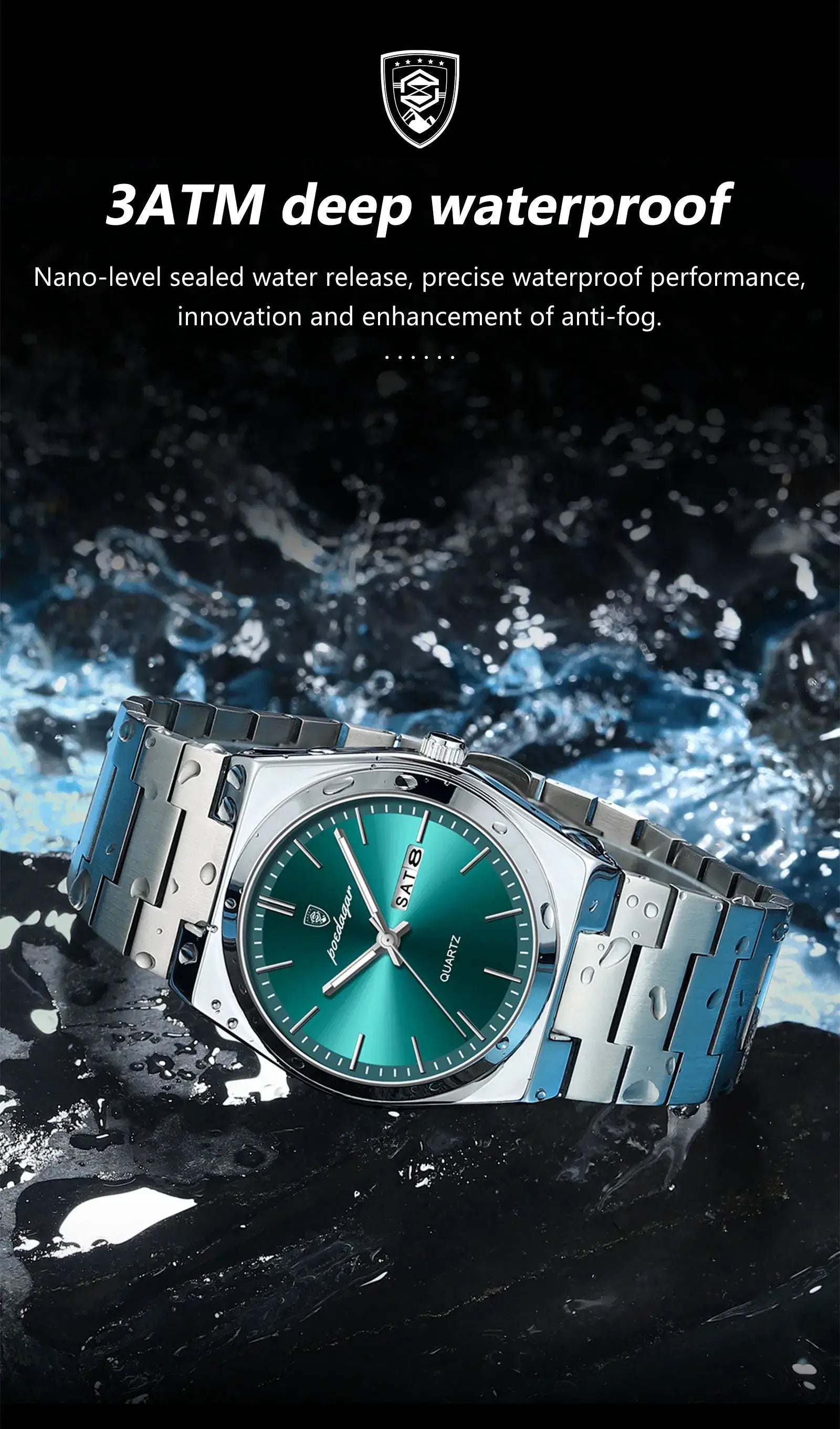 POEDAGAR men's stainless steel watch with teal dial, waterproof 3ATM