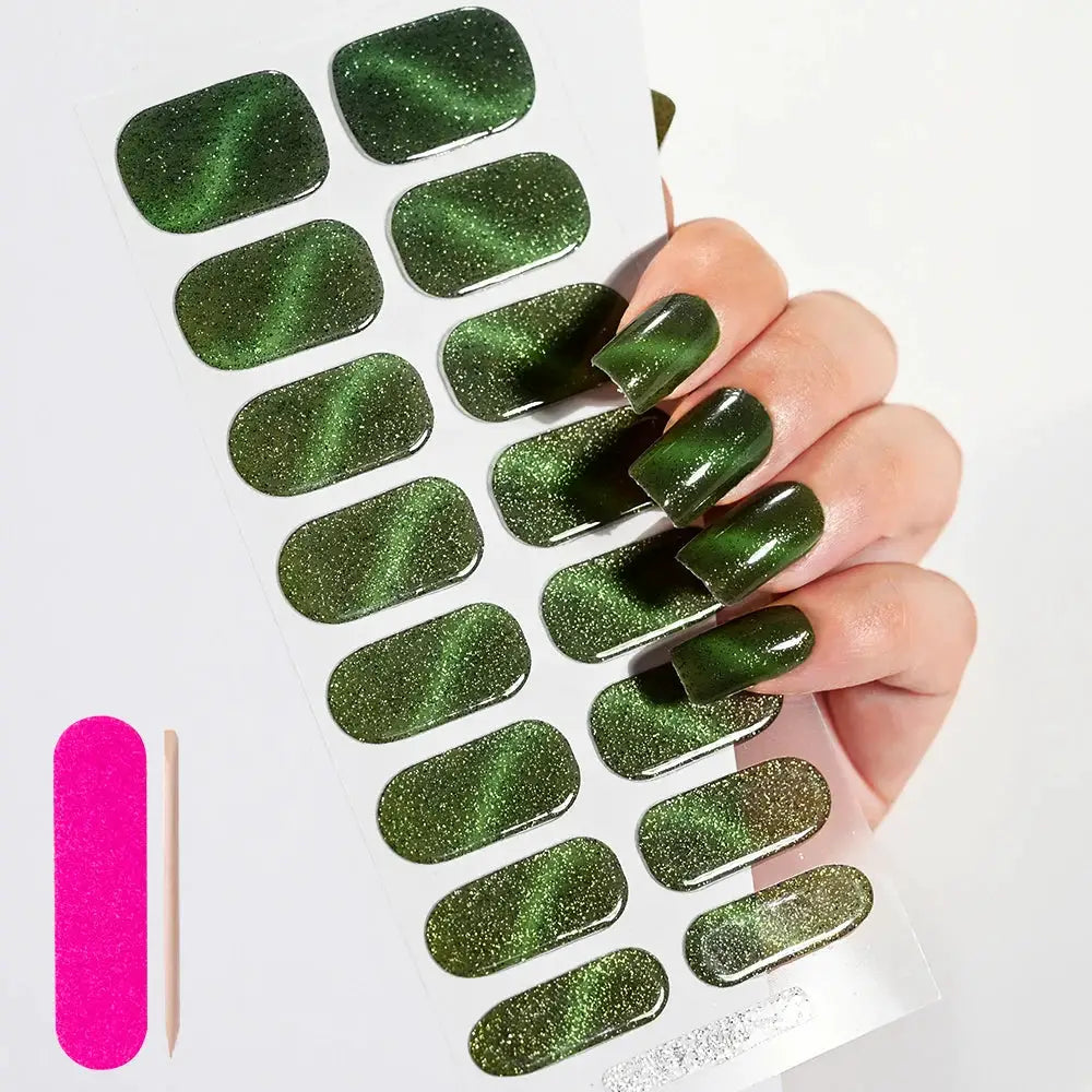 Gel nail wraps set of multiple emerald green glitter decals; full-cover, adhesive, UV-curable
