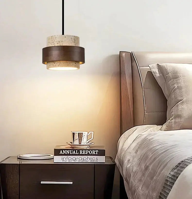 Pendant lamp, Japanese wabi-sabi style; cream speckled top with a dark wood band, warm bedside lighting