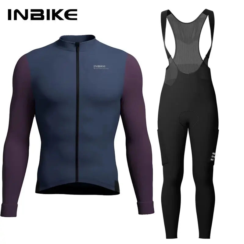 INBIKE winter cycling set for men: blue long-sleeve jersey with pockets and purple sleeves, plus black bib tights