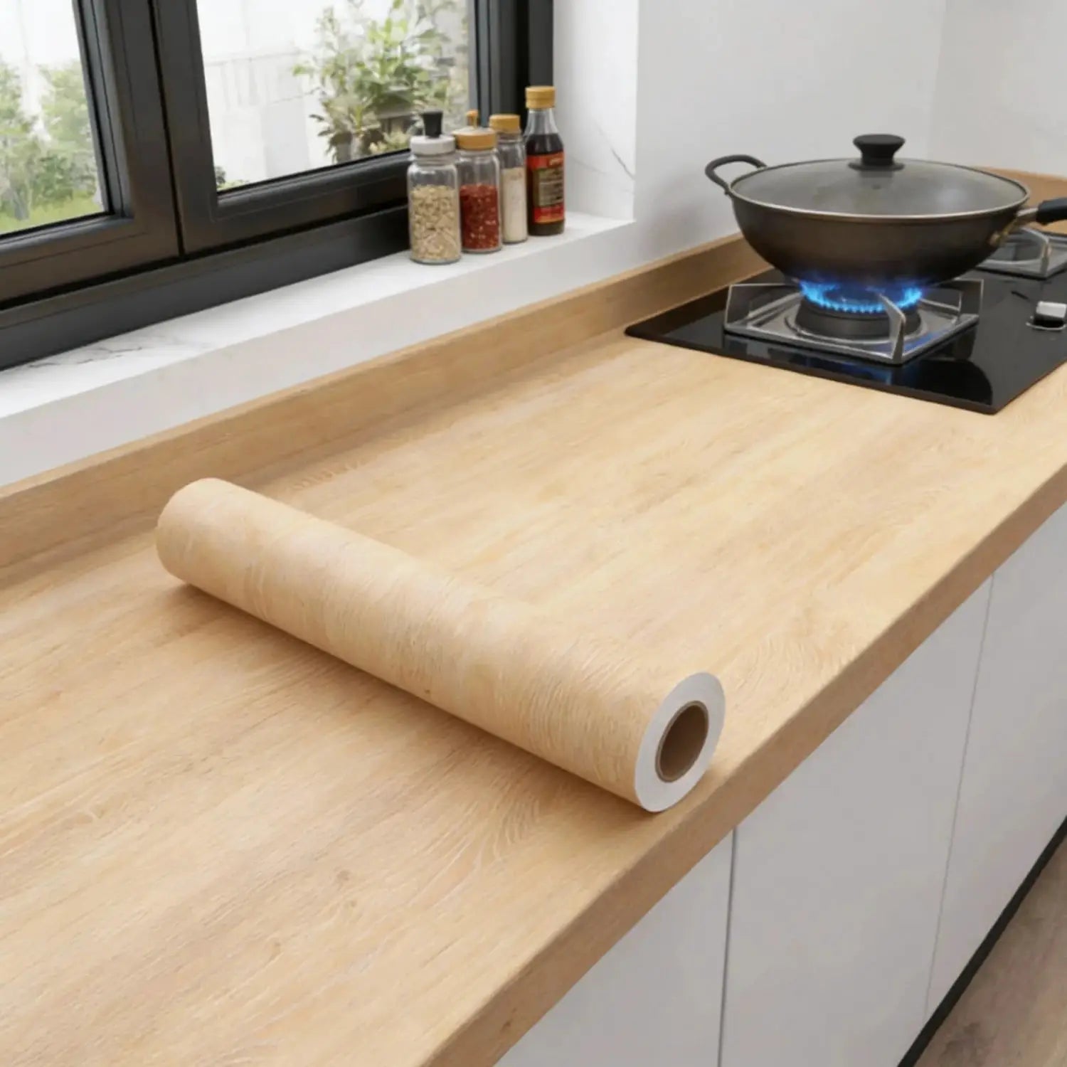 Self-adhesive wood grain vinyl wallpaper roll, 55cm wide, waterproof beige oak finish