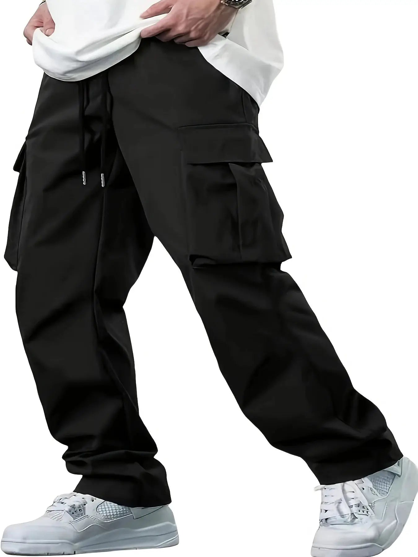 Simples Market men's cargo work pants in black with drawstring waist and multiple pockets
