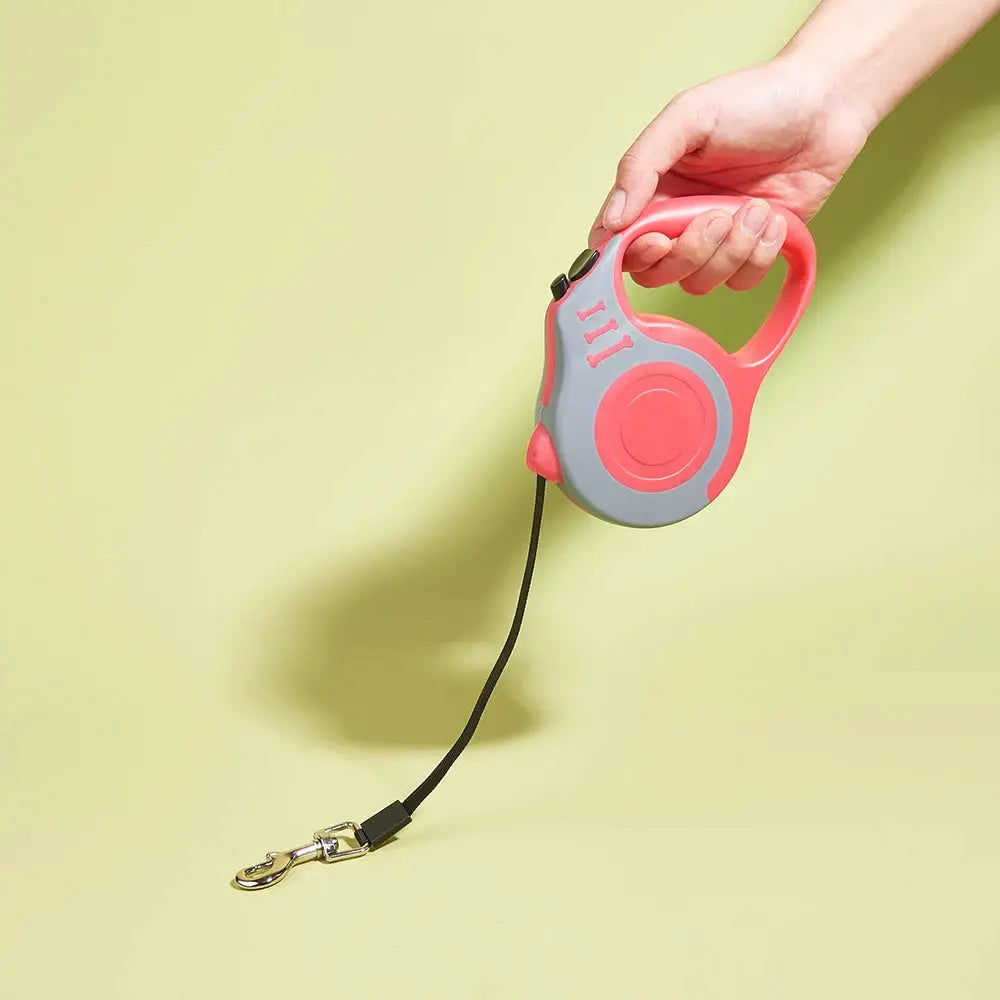 Retractable dog leash in pink and gray, nylon 3–5 m lead with metal clip