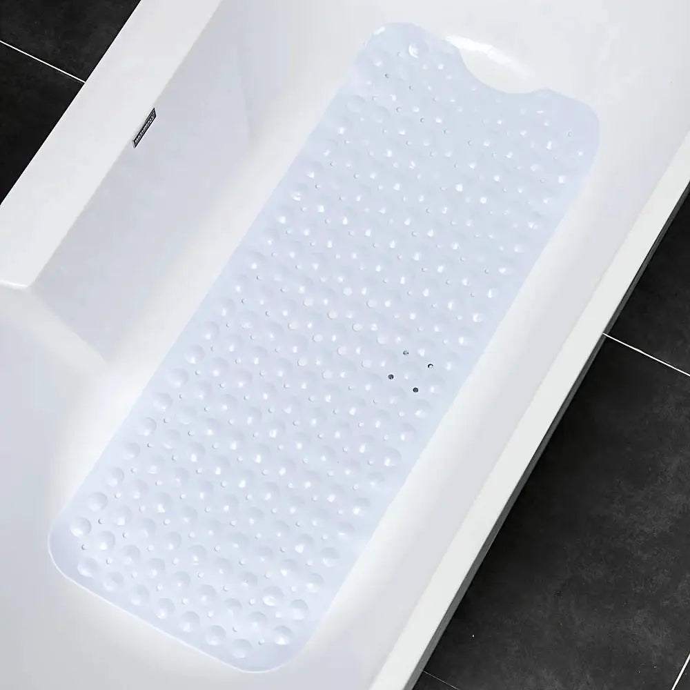 Shower mat by Simples Market, non-slip with drain holes and suction cups, white, machine washable.