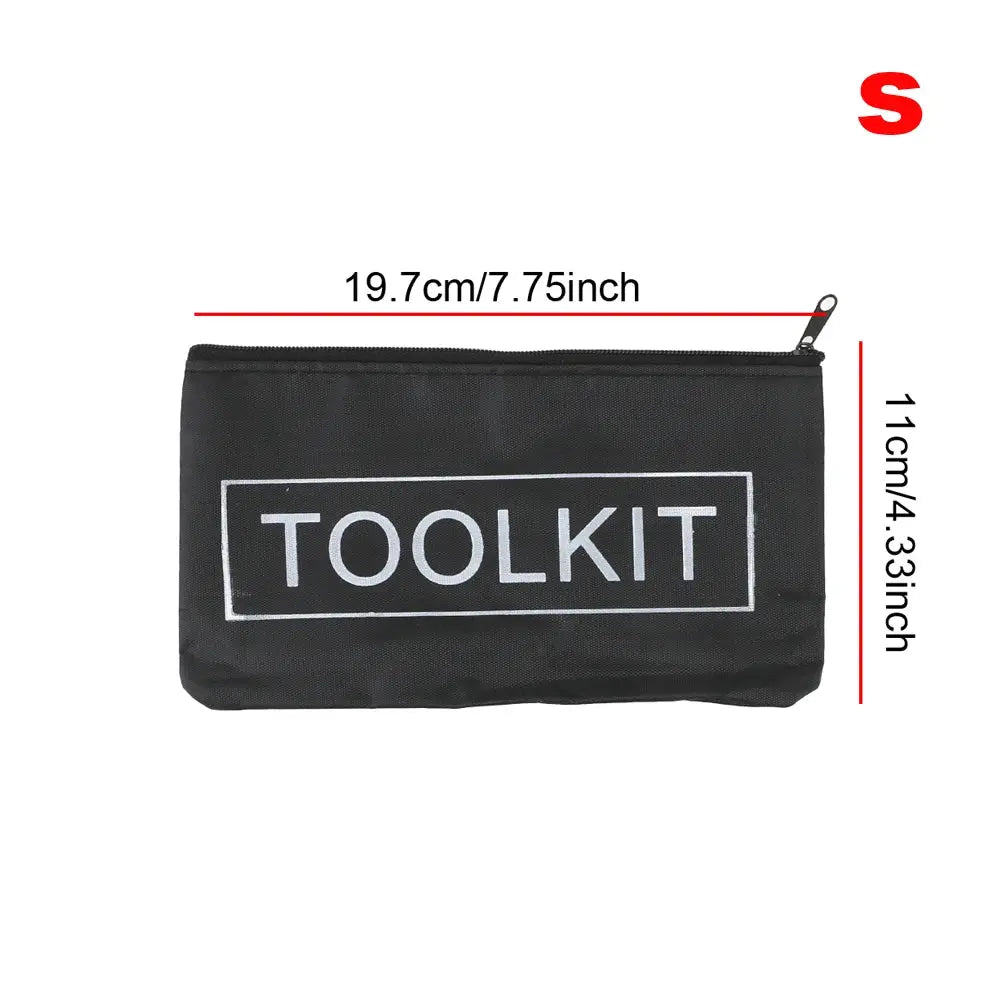 Toolkit pouch in black canvas with white TOOLKIT label and top zipper