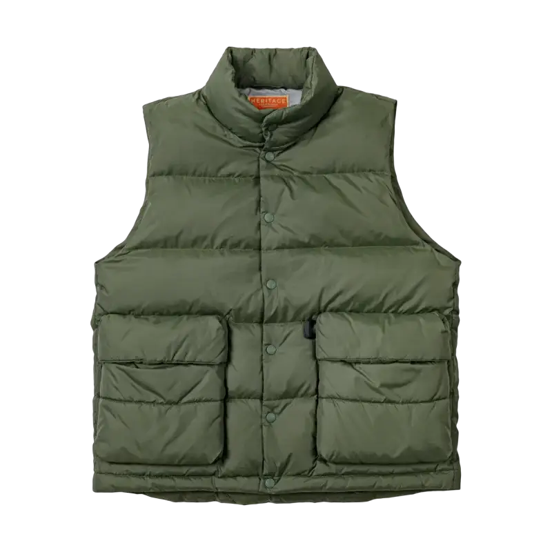 Maden men's olive green down vest with stand-up collar and large front pockets, duck down filling, Simples Market.