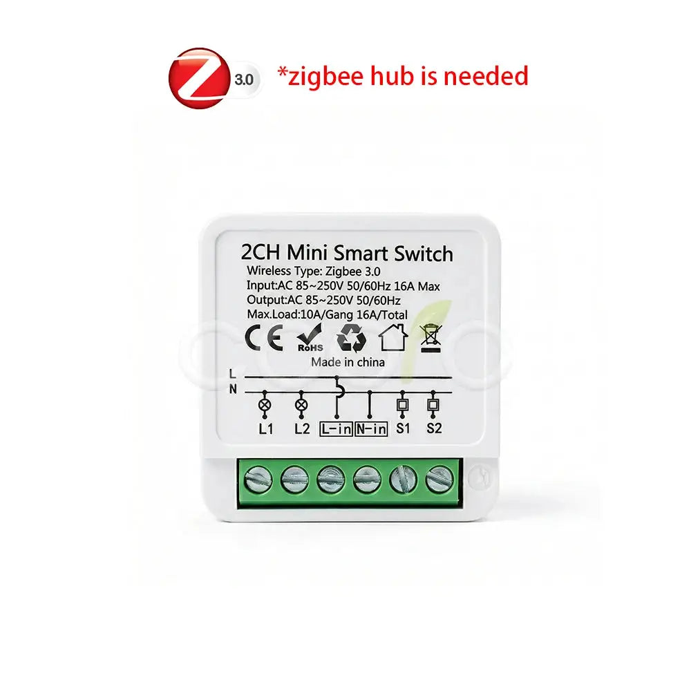 2CH Zigbee 3.0 mini smart switch module with green terminal block, 85–250V AC input, 16A max