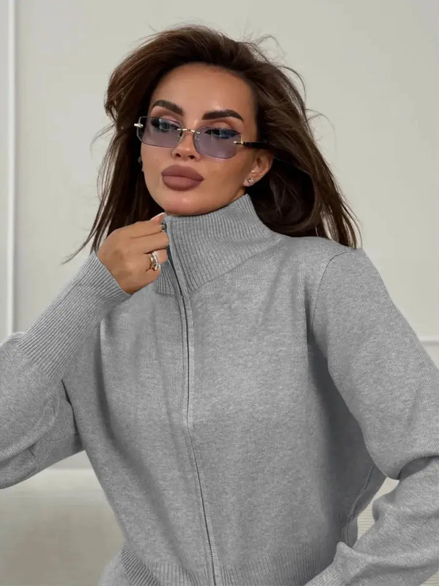 Bornladies Knit Zip Up Cropped Cardigan With Wide Leg Pants Set Women