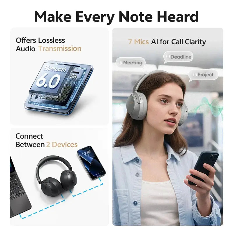 QCY H3S over-ear wireless headphones with adaptive ANC, LDAC, Bluetooth 6.0, dual drivers; shown with 2 devices