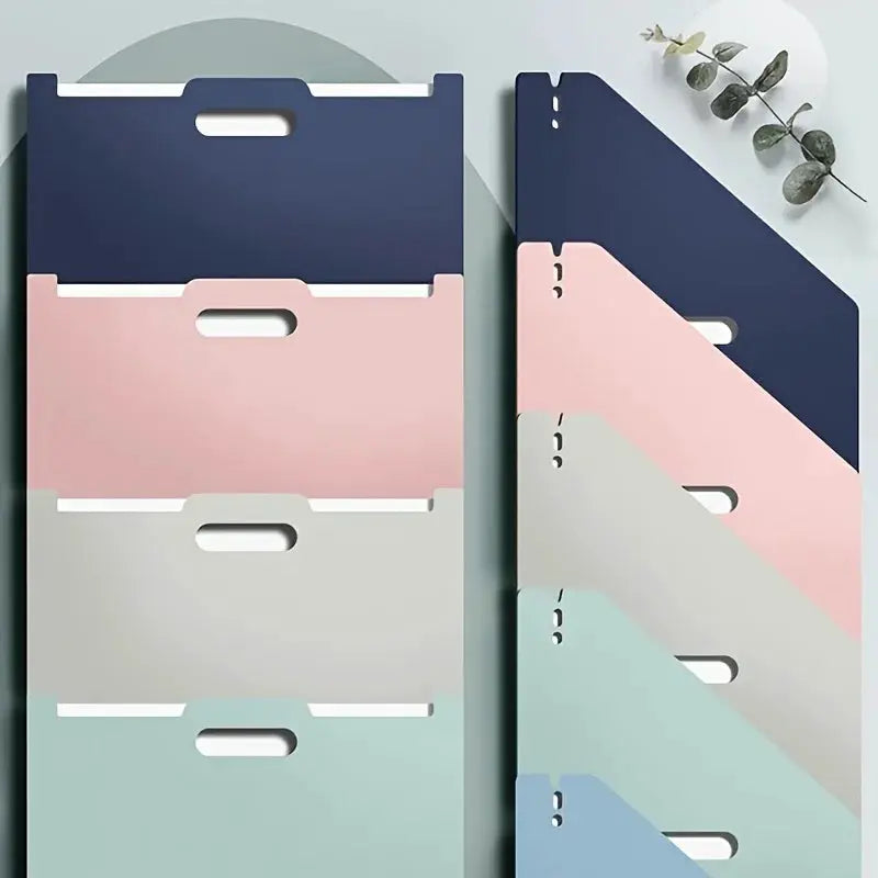 A4 foldable desktop file storage box with multiple pockets in navy, pink, gray, and mint.