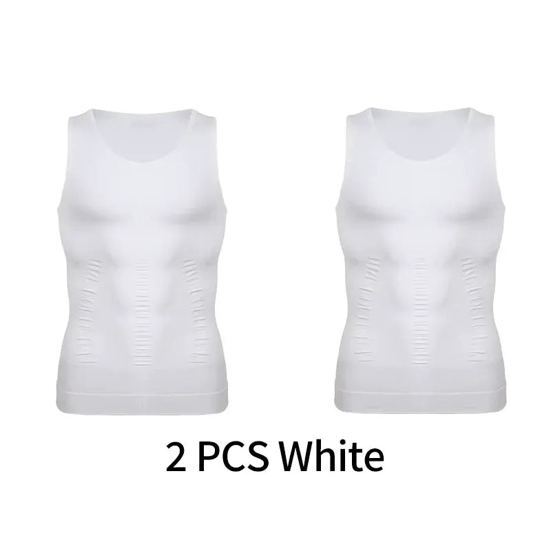 2-pack men's sleeveless shapewear tank tops, white, with back-support panels for abdomen