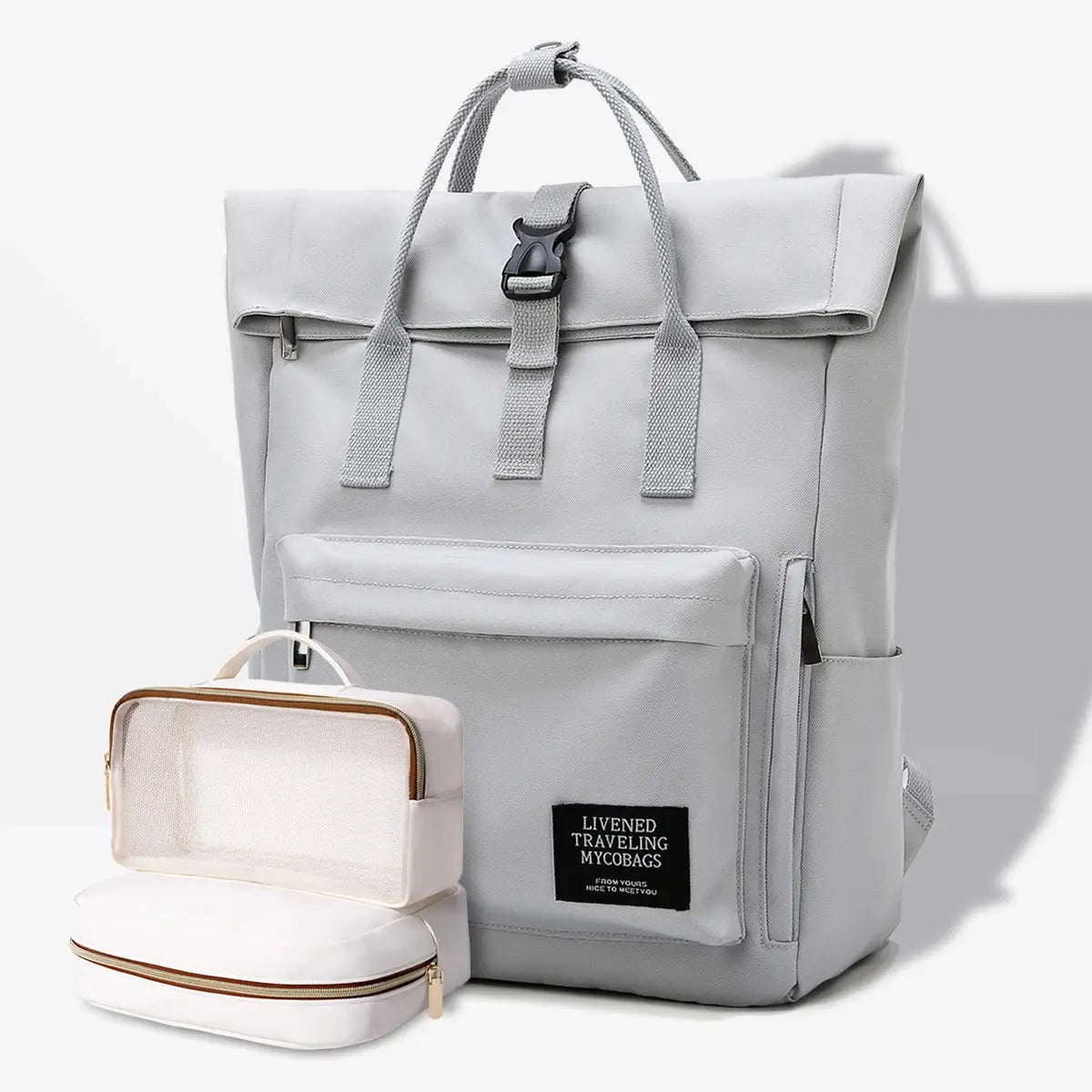 Simples Market light gray school backpack with front pocket; large-capacity college bag with organizer case (2pc)