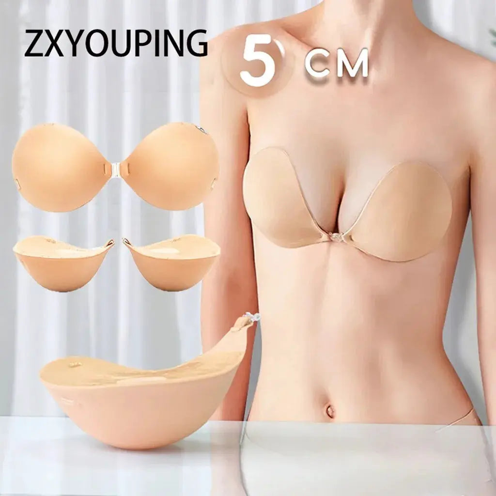 5cm thick adhesive padded strapless bra set in nude with reusable nipple tape by Simples Market