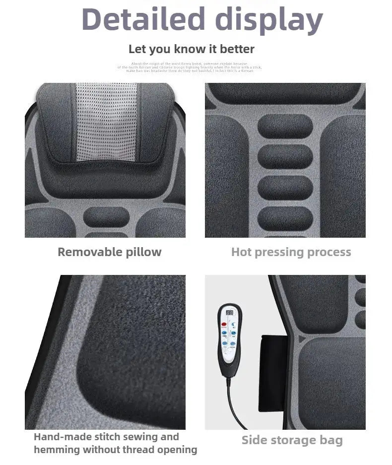 Massage seat cushion with removable pillow, gray fabric, remote control, side storage bag for home/office use