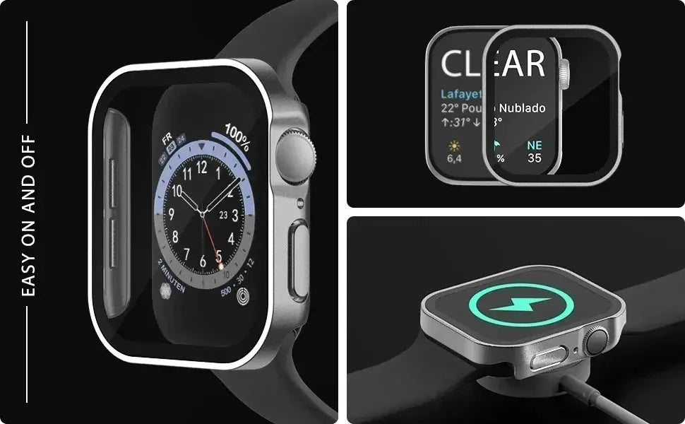 Screen protector for Apple Watch by Simples Market with PC bumper, tempered glass, fits 40–46mm Series 4–9 SE