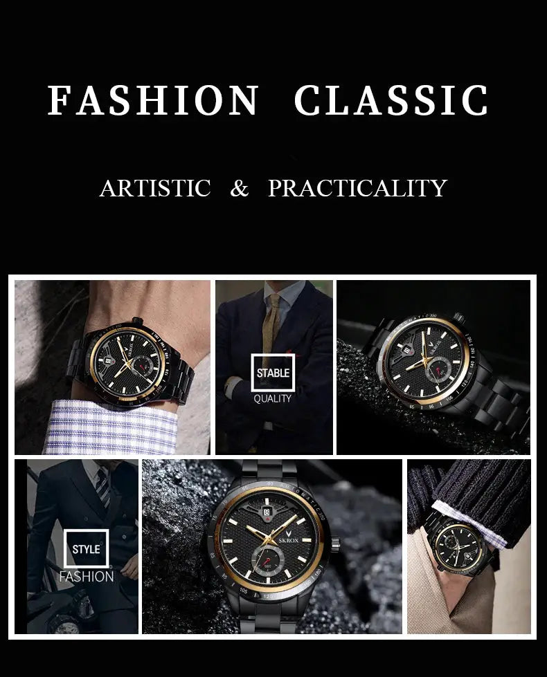 SKROX sapphire stainless steel automatic men's wristwatch; stainless steel band with gold bezel, shown in six photos.