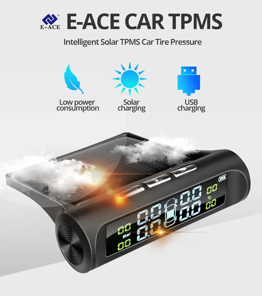 E-ACE Car TPMS tire pressure monitor system with solar charging and digital display