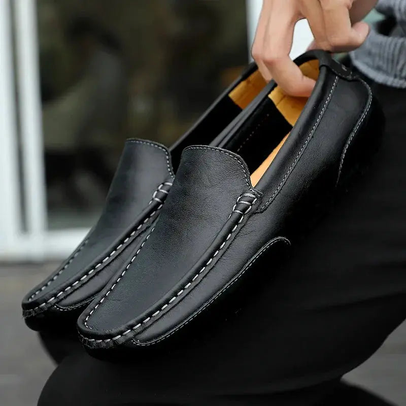 Men's black genuine leather loafers, slip-on casual moccasin-style driving shoes
