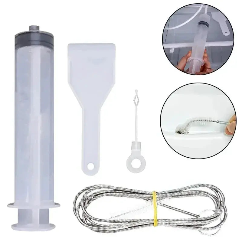 Simples Market refrigerator drain cleaner set, 5/6 pcs: translucent syringe tool, spatula, ring puller, steel brush cable