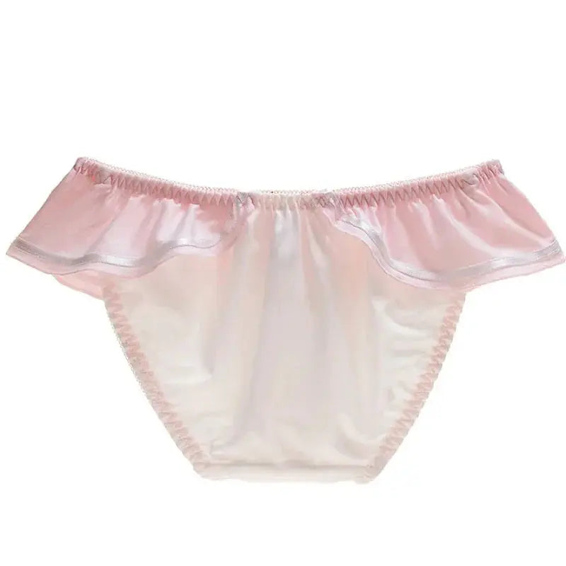 Pink milk-silk panties with a ruffled elastic waistband and satin sheen