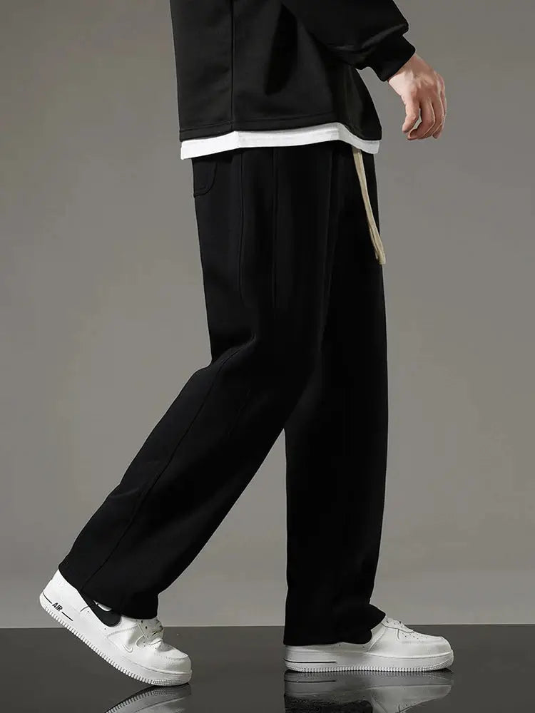 Men's black wide-leg drawstring sweatpants, cotton casual track pants