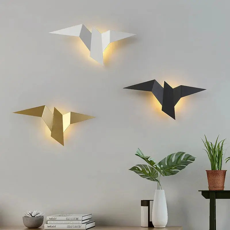 LED bird wall lamps set of 3 in white, gold, and black with warm backlighting for bedroom or stairs decor