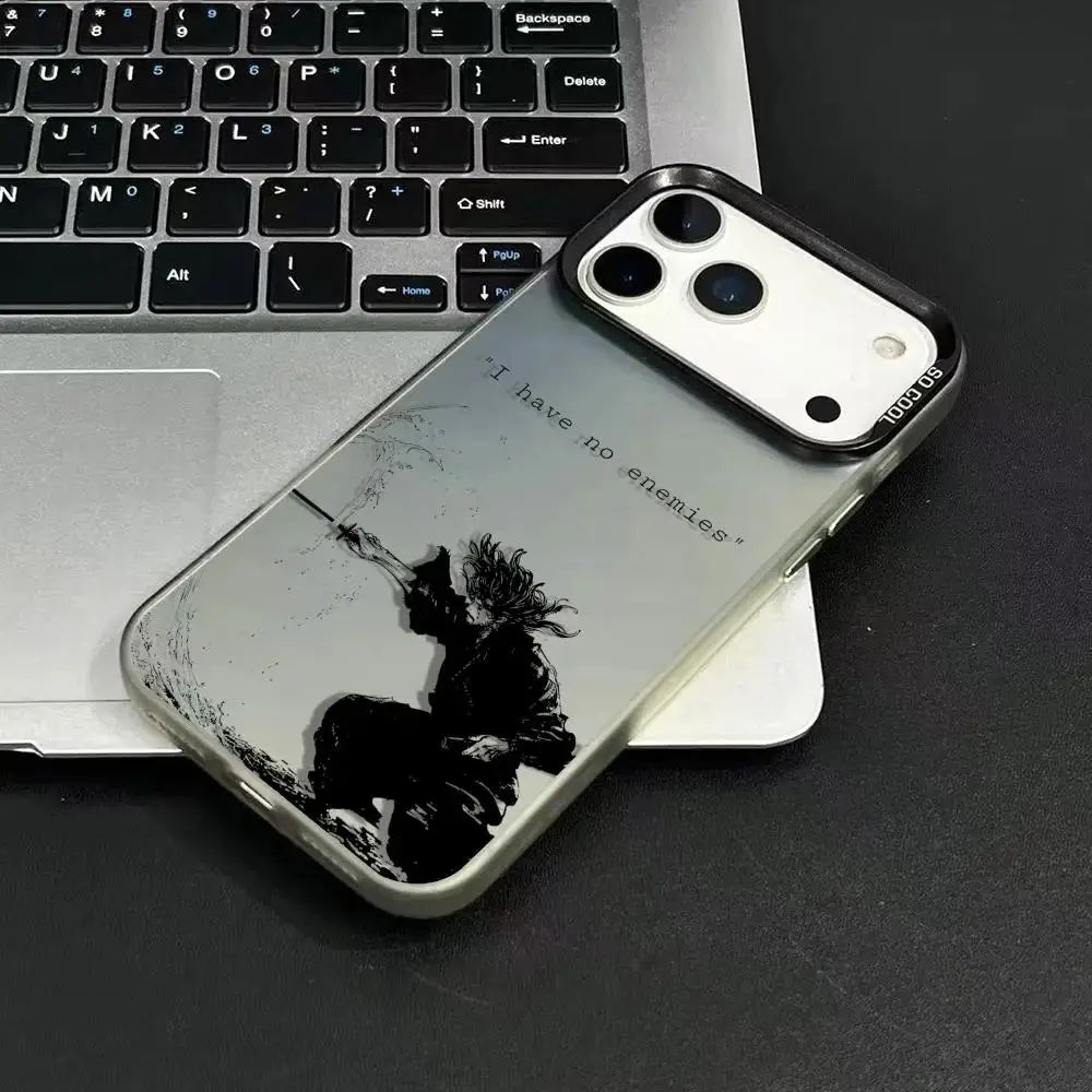 V-Vagabond Samurai anime iPhone case; transparent back with black bumper and warrior silhouette